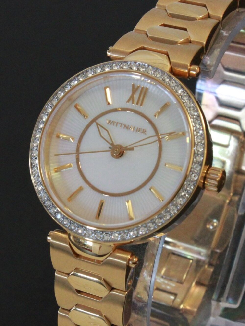 Wittnauer Ladies Dress Watch MOP Dial Crystal Embedded Bezel Gold Tone 30mm - Picture 7 of 12